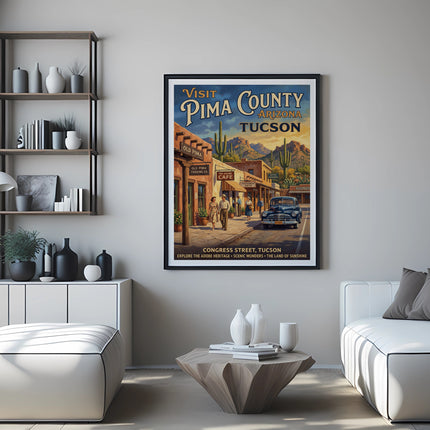 Vintage poster "Visit Pima County Arizona Tucson" with desert scene.