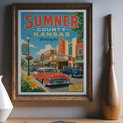 Vintage Sumner County, Kansas travel poster featuring Wellington's Main Street.