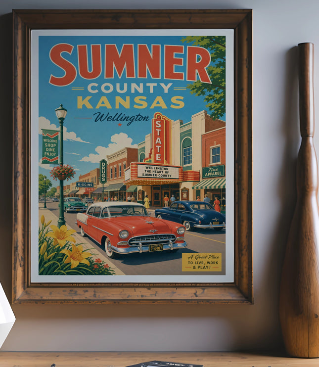 Vintage Sumner County, Kansas travel poster featuring Wellington's Main Street.