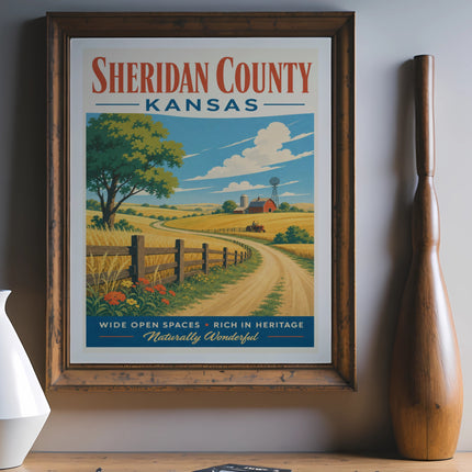 Sheridan County Kansas vintage travel poster with farm and windmill.