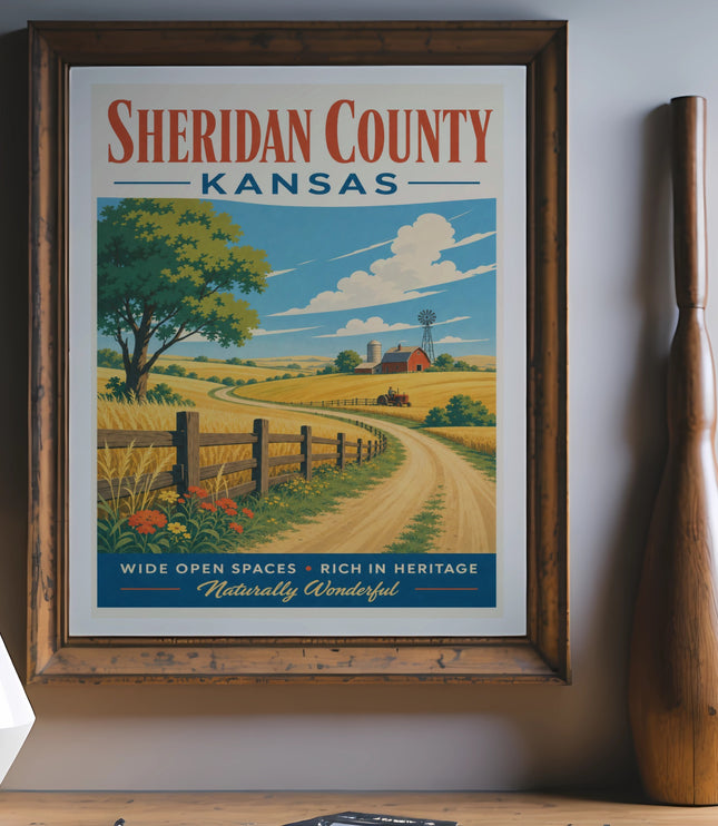 Sheridan County Kansas vintage travel poster with farm and windmill.