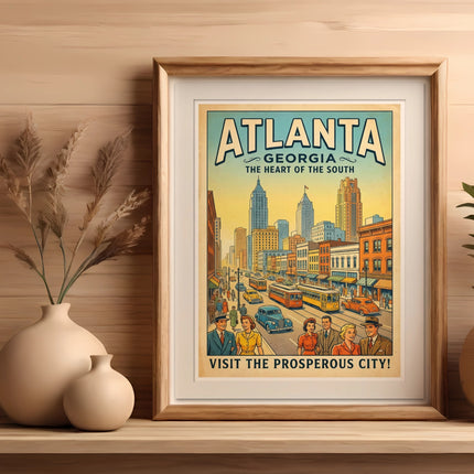 Vintage Atlanta, Georgia travel poster featuring city skyline and people.