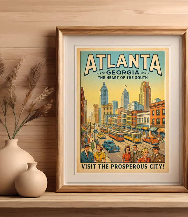 Vintage Atlanta, Georgia travel poster featuring city skyline and people.