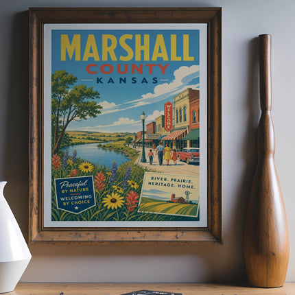 Marshall County Kansas vintage travel poster with landscape and text.