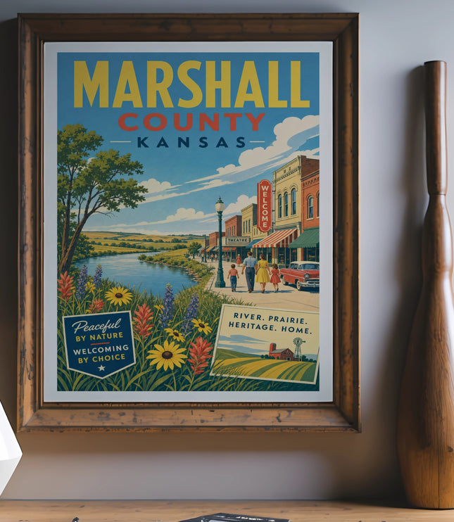 Marshall County Kansas vintage travel poster with landscape and text.