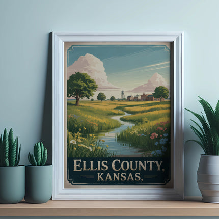 Framed Ellis County, Kansas landscape poster with river and plants.