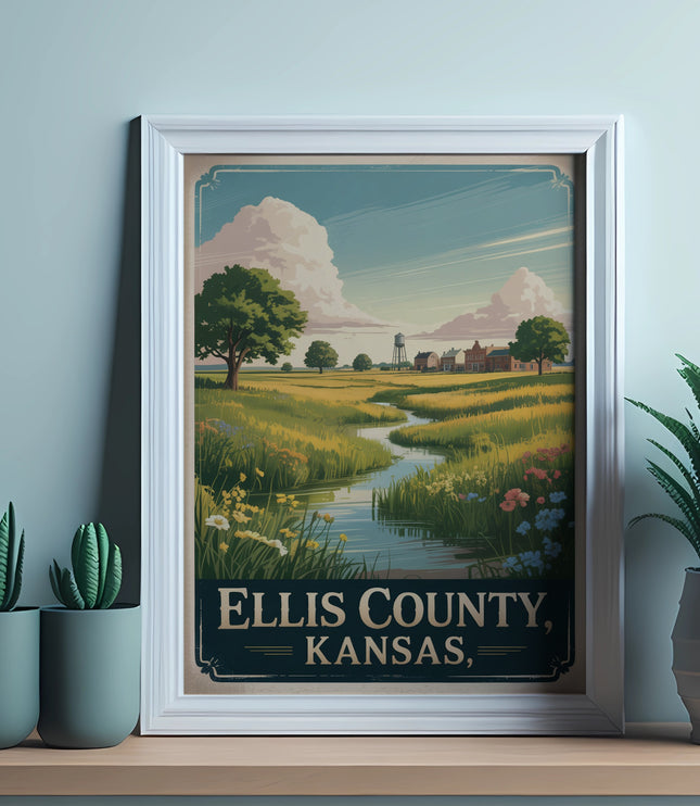 Framed Ellis County, Kansas landscape poster with river and plants.