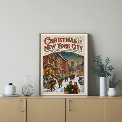Vintage "Christmas in New York" poster with carolers on a snowy street.