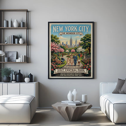 New York City poster featuring Central Park with a family, in a living room.