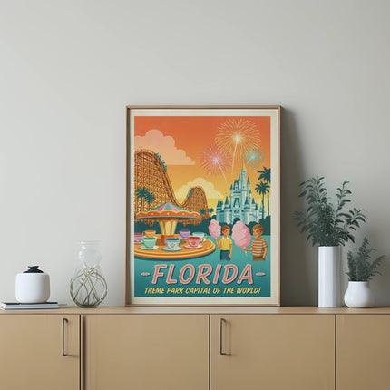 Poster featuring Florida theme park with roller coaster, Ferris wheel, and fireworks.