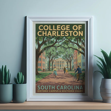 College of Charleston, South Carolina poster with historic campus and people cycling.