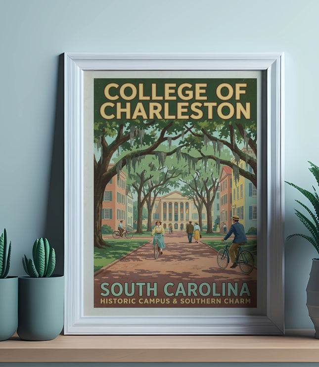 College of Charleston, South Carolina poster with historic campus and people cycling.