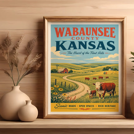 Wabaunsee County Kansas poster featuring cows, fields, and text "The Heart of the Flint Hills".