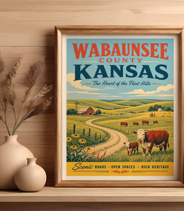 Wabaunsee County Kansas poster featuring cows, fields, and text "The Heart of the Flint Hills".