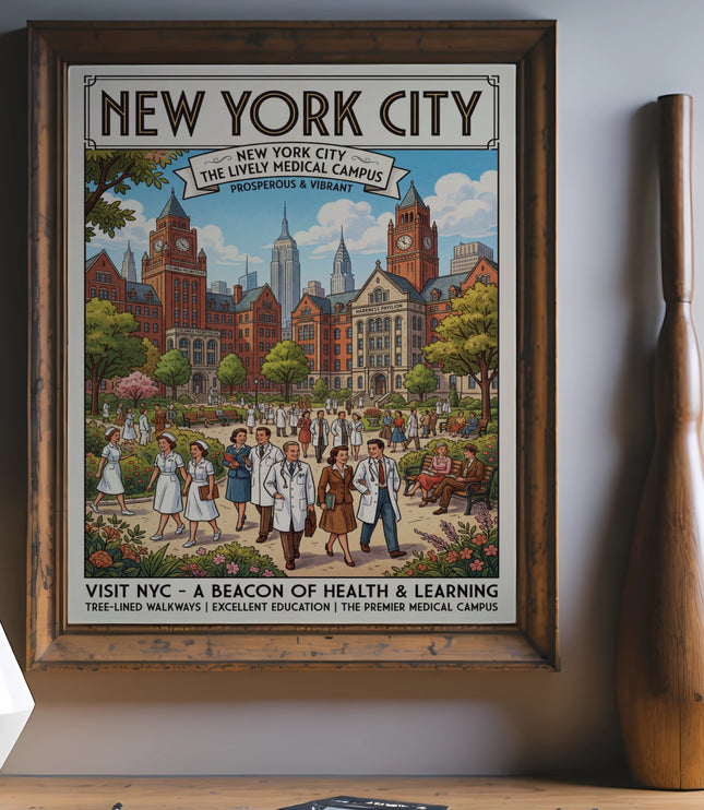 New York City medical campus art with doctors, nurses, and cityscape.