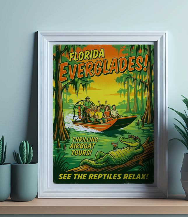Florida Everglades airboat tour poster with alligator and text.