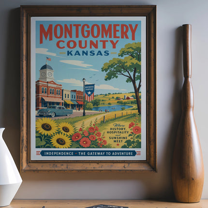 Montgomery County Kansas poster with sunflowers, vintage car, and buildings.