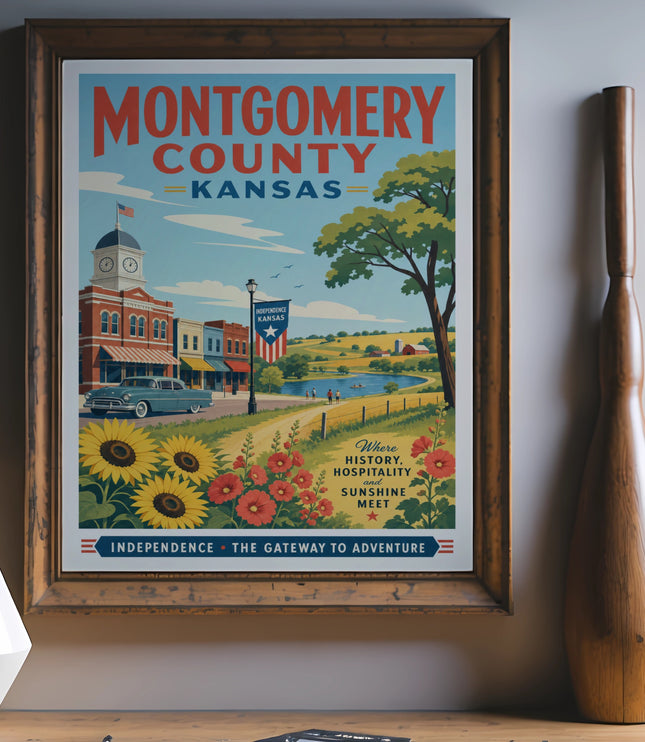 Montgomery County Kansas poster with sunflowers, vintage car, and buildings.