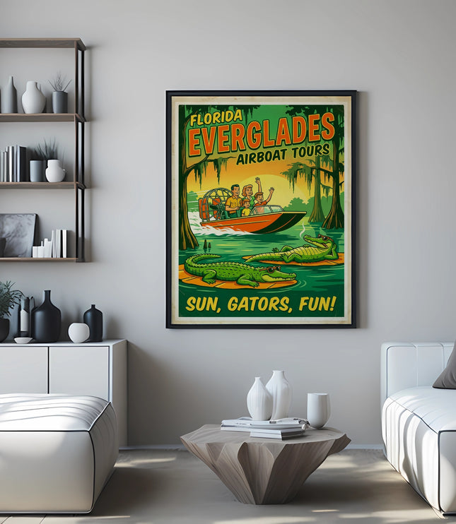 Retro Florida Everglades Airboat Tours poster with gators and sun.