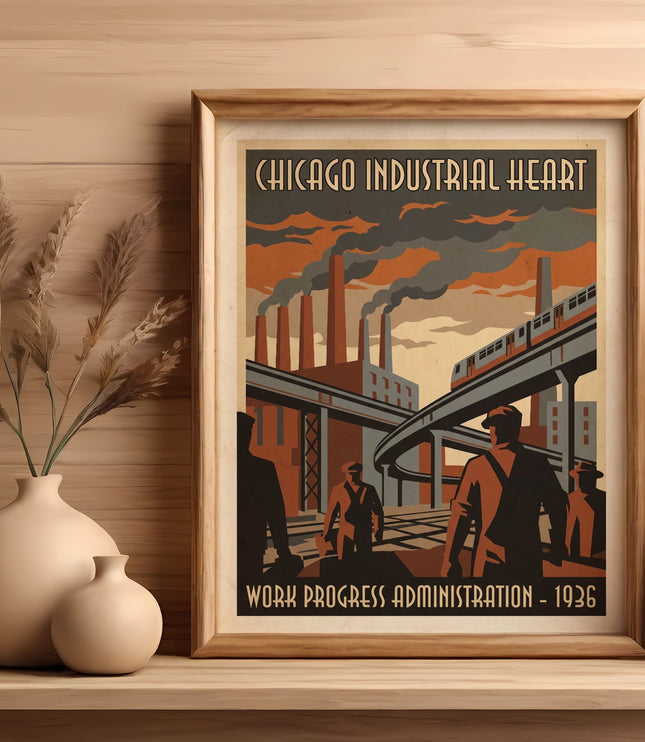 Framed artwork: Chicago Industrial Heart, Work Progress Administration, 1936