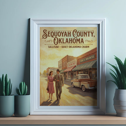 Sequoyah County, Oklahoma poster with couple walking past Main Street businesses.