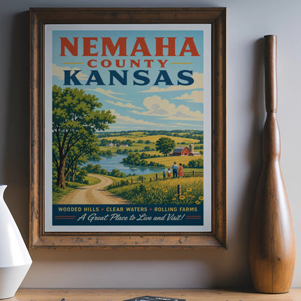 Nemaha County, Kansas travel poster with rural landscape and text.