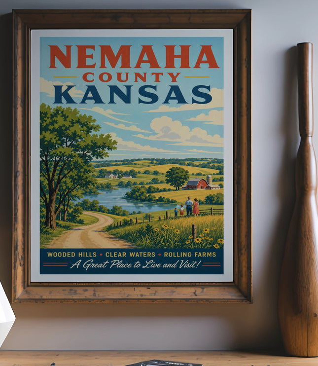 Nemaha County, Kansas travel poster with rural landscape and text.