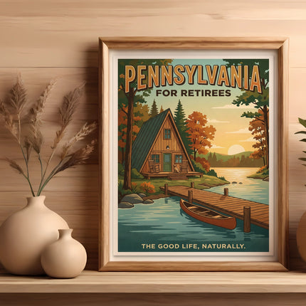 Framed cabin and lake scene with "PENNSYLVANIA FOR RETIREES" and text.