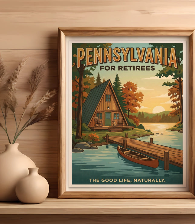 Framed cabin and lake scene with "PENNSYLVANIA FOR RETIREES" and text.