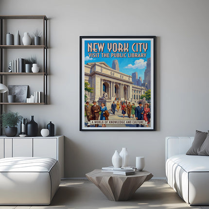 New York City: Visit the Public Library poster hangs above a sofa.