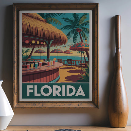 Retro Florida beach bar poster with palm trees and umbrellas.