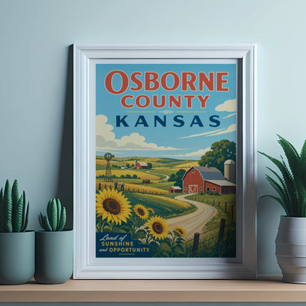 Osborne County Kansas vintage travel poster with farm, sunflowers, and text.