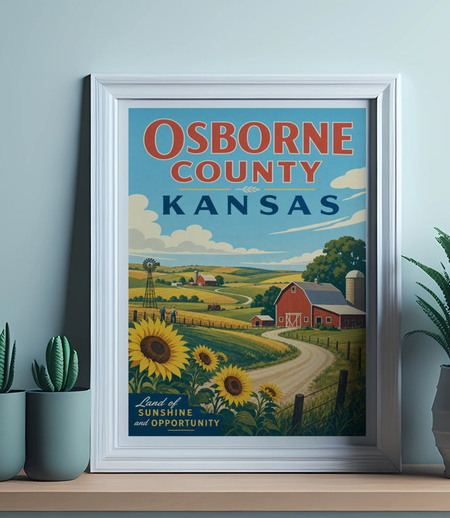 Osborne County Kansas vintage travel poster with farm, sunflowers, and text.