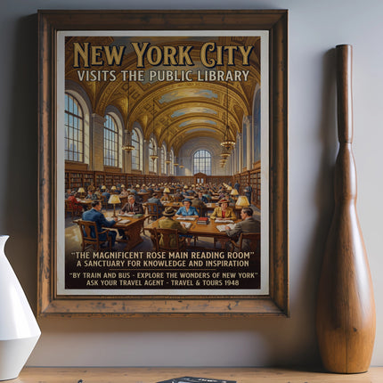 New York City Public Library poster: Rose Main Reading Room, 1948 travel advertisement.