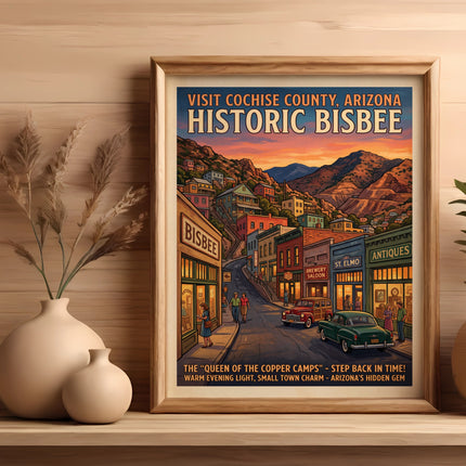 Historic Bisbee Arizona vintage travel poster with shops and vintage cars.