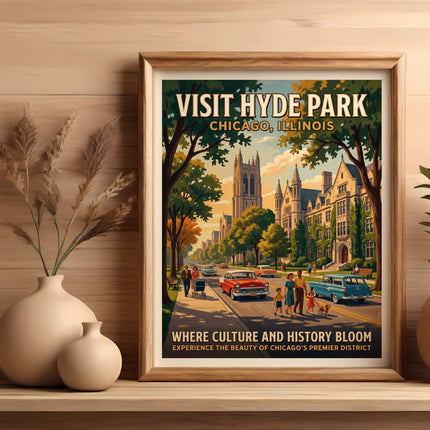 Visit Hyde Park Chicago, Illinois poster with vintage cars and buildings.