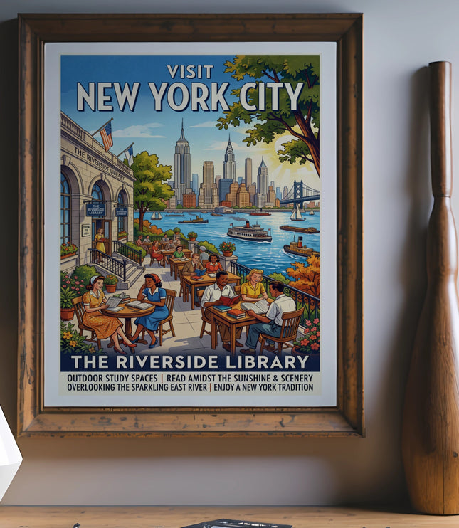 Visit New York City vintage poster showing The Riverside Library and skyline.
