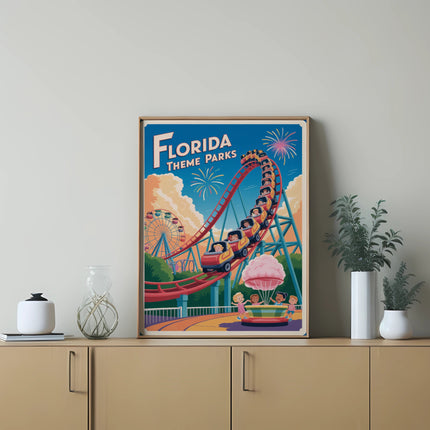 Roller coaster and Ferris wheel at Florida theme park.