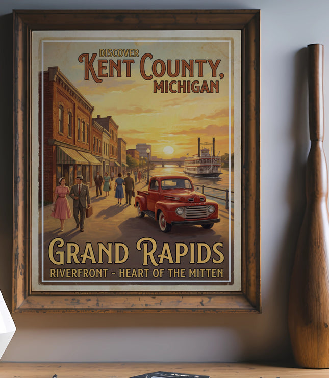 Vintage poster of Grand Rapids, Michigan, with a red truck and steamboat.
