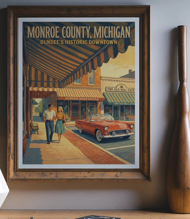 Monroe County, Michigan vintage poster with couple, car, and businesses.