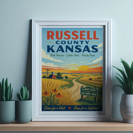 Russell County Kansas vintage travel poster with farm scene and text.