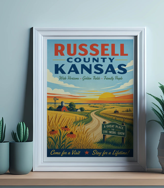 Russell County Kansas vintage travel poster with farm scene and text.