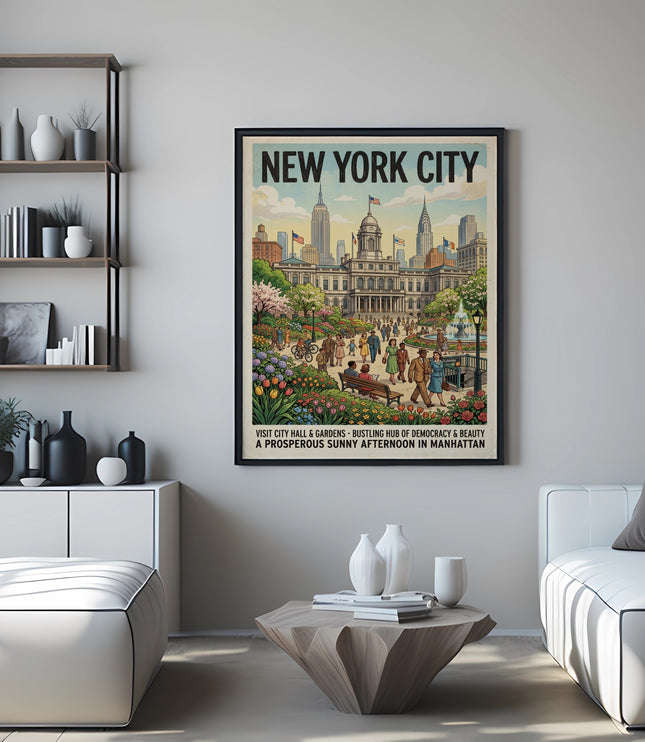 Framed "New York City" poster depicting City Hall and gardens on a sunny afternoon.