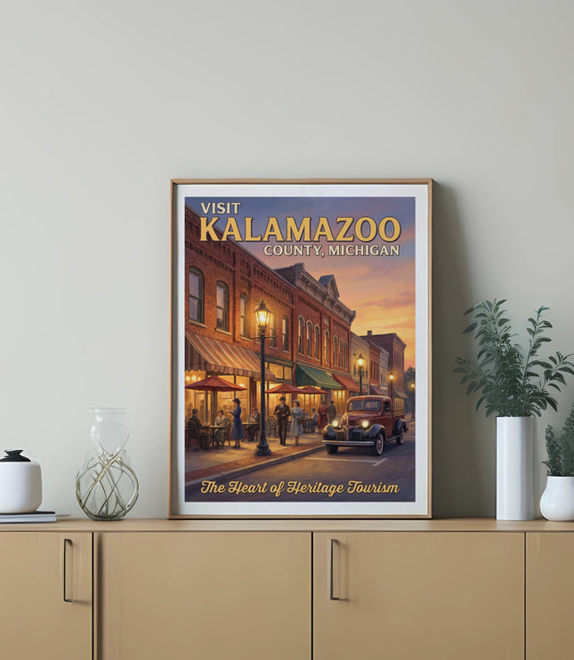Vintage illustration of Kalamazoo County, Michigan with text.
