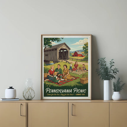 Covered bridge with people picnicking, text "Pennsylvania Picnic Summer 1955".