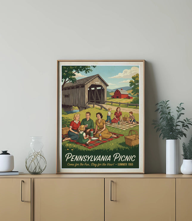 Covered bridge with people picnicking, text "Pennsylvania Picnic Summer 1955".