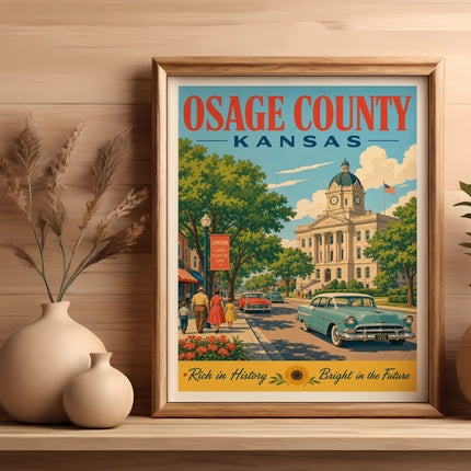 Vintage travel poster for Osage County, Kansas, featuring Lyndon town hall.