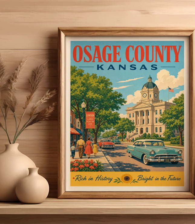 Vintage travel poster for Osage County, Kansas, featuring Lyndon town hall.