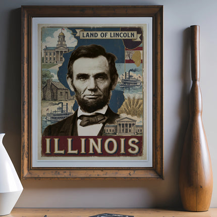 Abraham Lincoln portrait with Illinois landmarks and text on vintage poster.