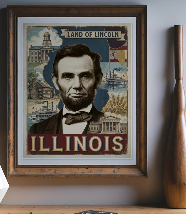 Abraham Lincoln portrait with Illinois landmarks and text on vintage poster.